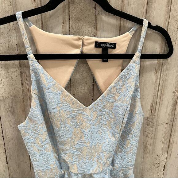 Speechless Blue Lace Overlay Open Back Party Dress - Picture 2 of 8